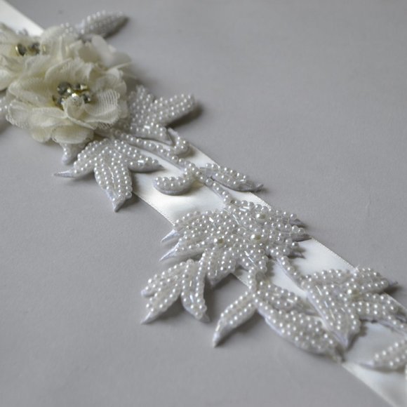 Floral Beaded Bridal Ribbon Belt main image 5